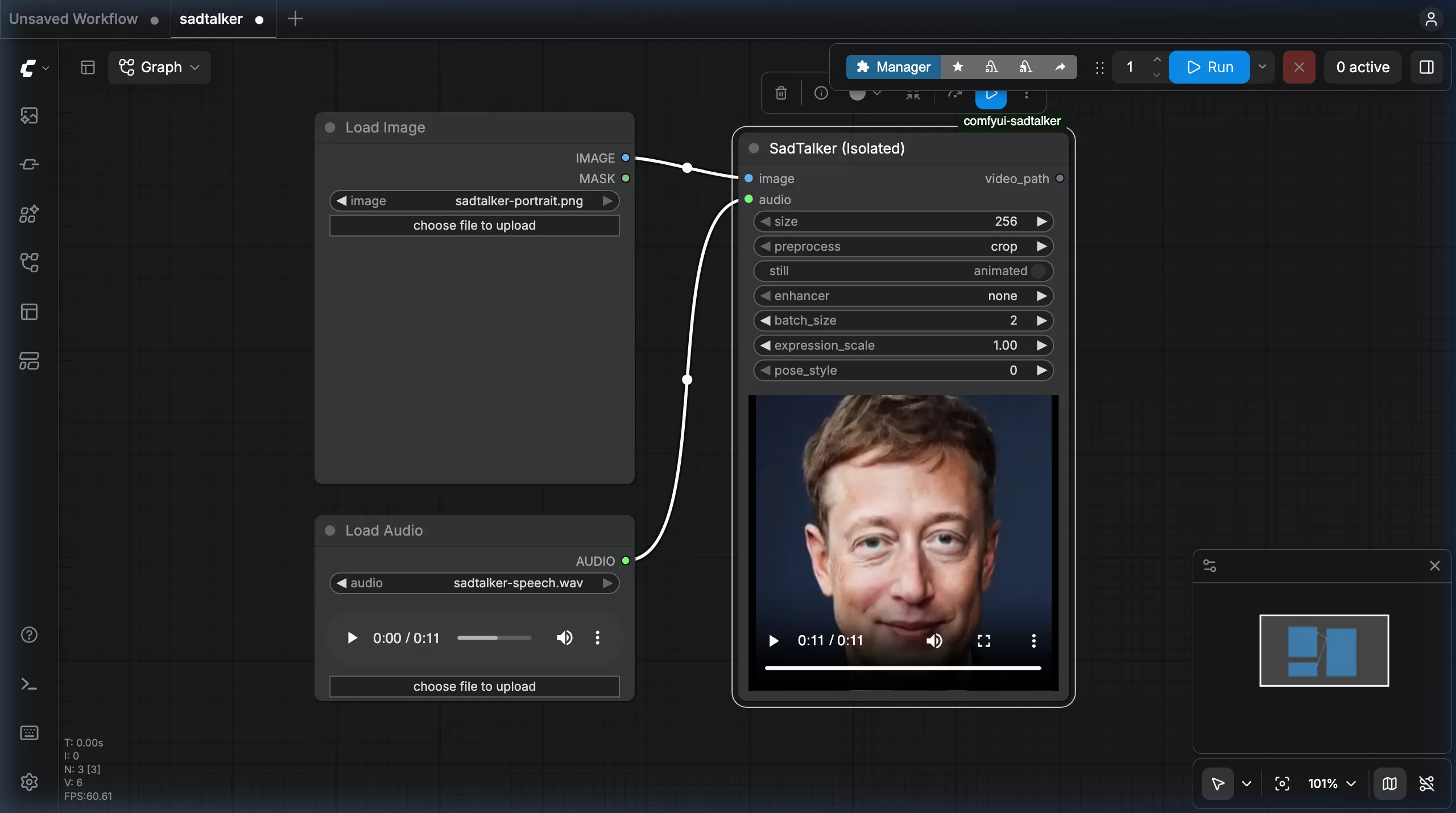 Connected SadTalker workflow canvas in ComfyUI