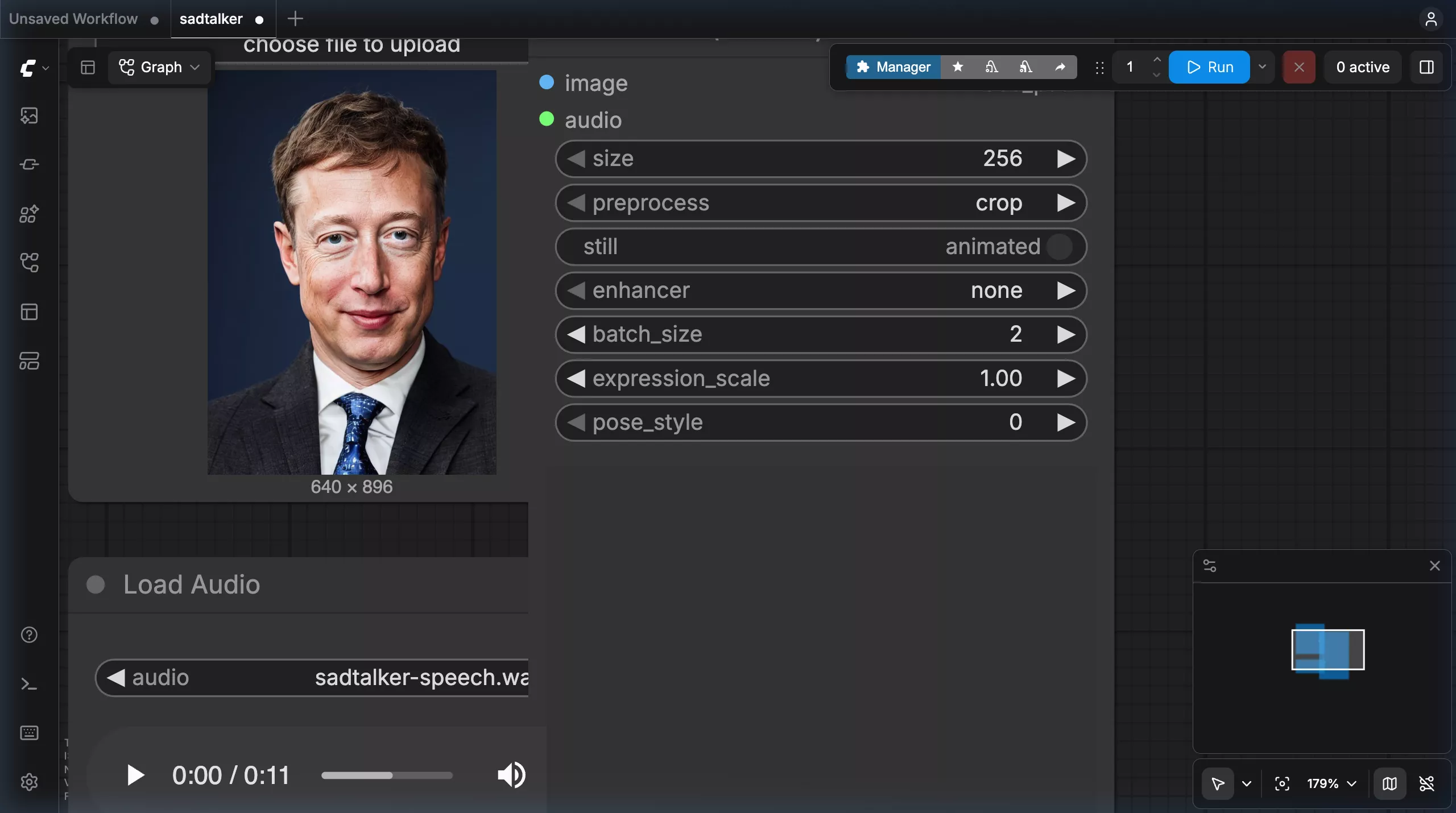 Workflow configured with image and audio before running