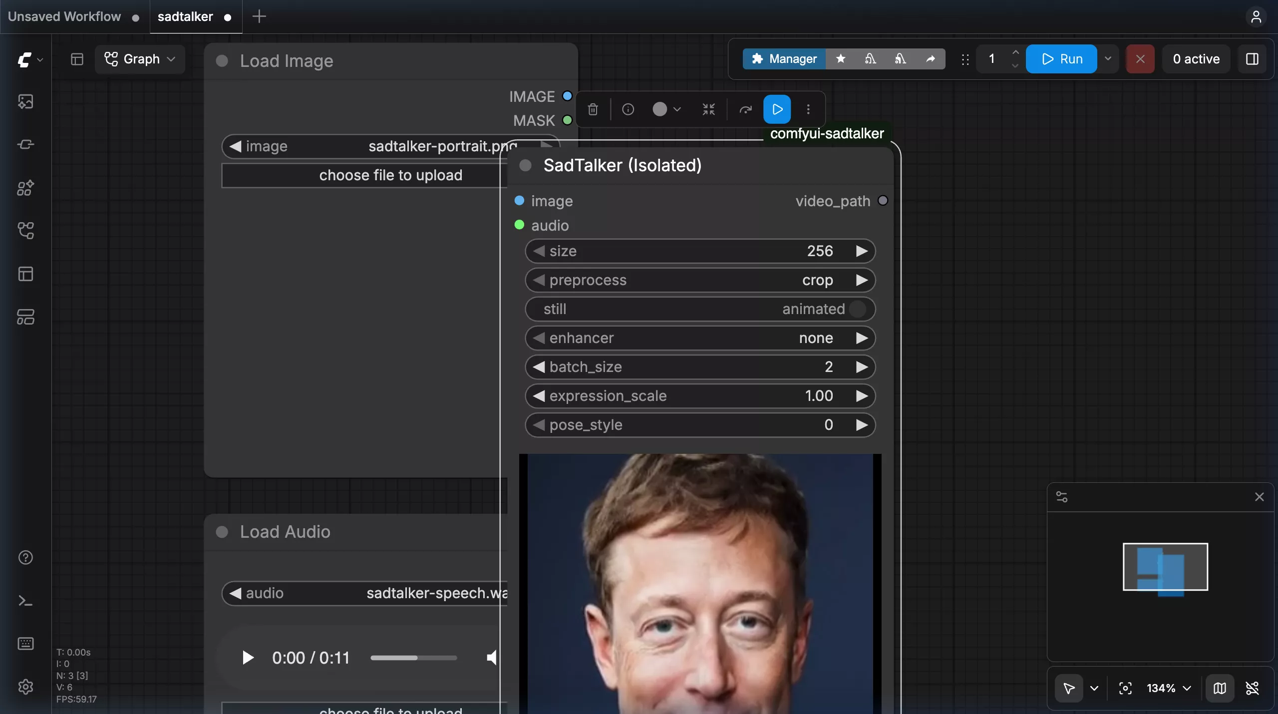 SadTalker video generated and playing inline in ComfyUI canvas