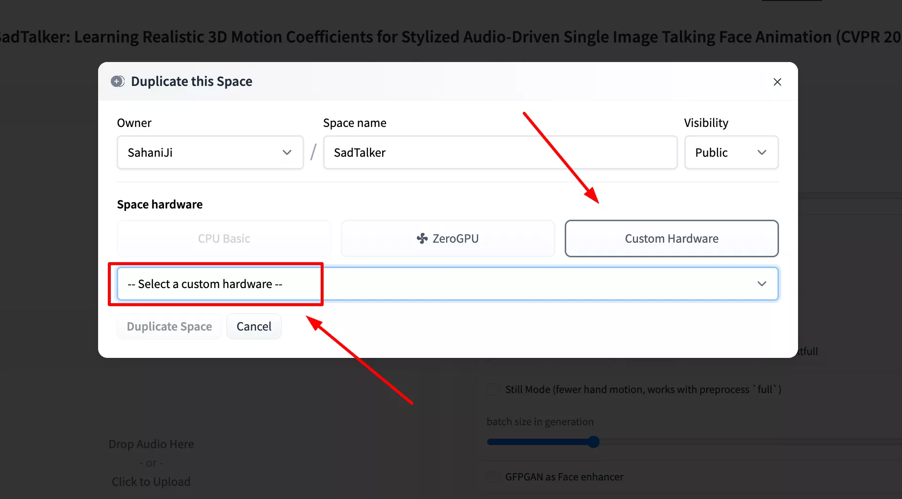 Selecting hardware tier when duplicating SadTalker Hugging Face Space