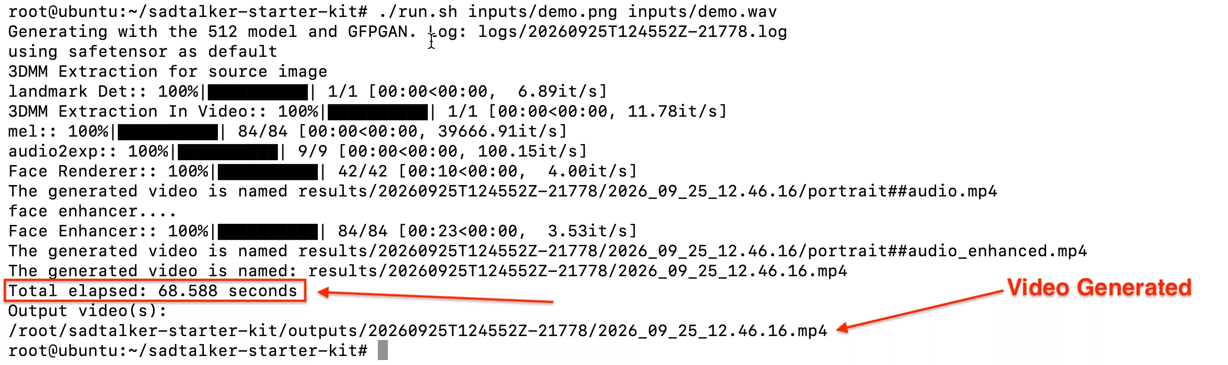 Successful Docker run showing GFPGAN completion, total elapsed time of 68.588 seconds and the saved MP4 path