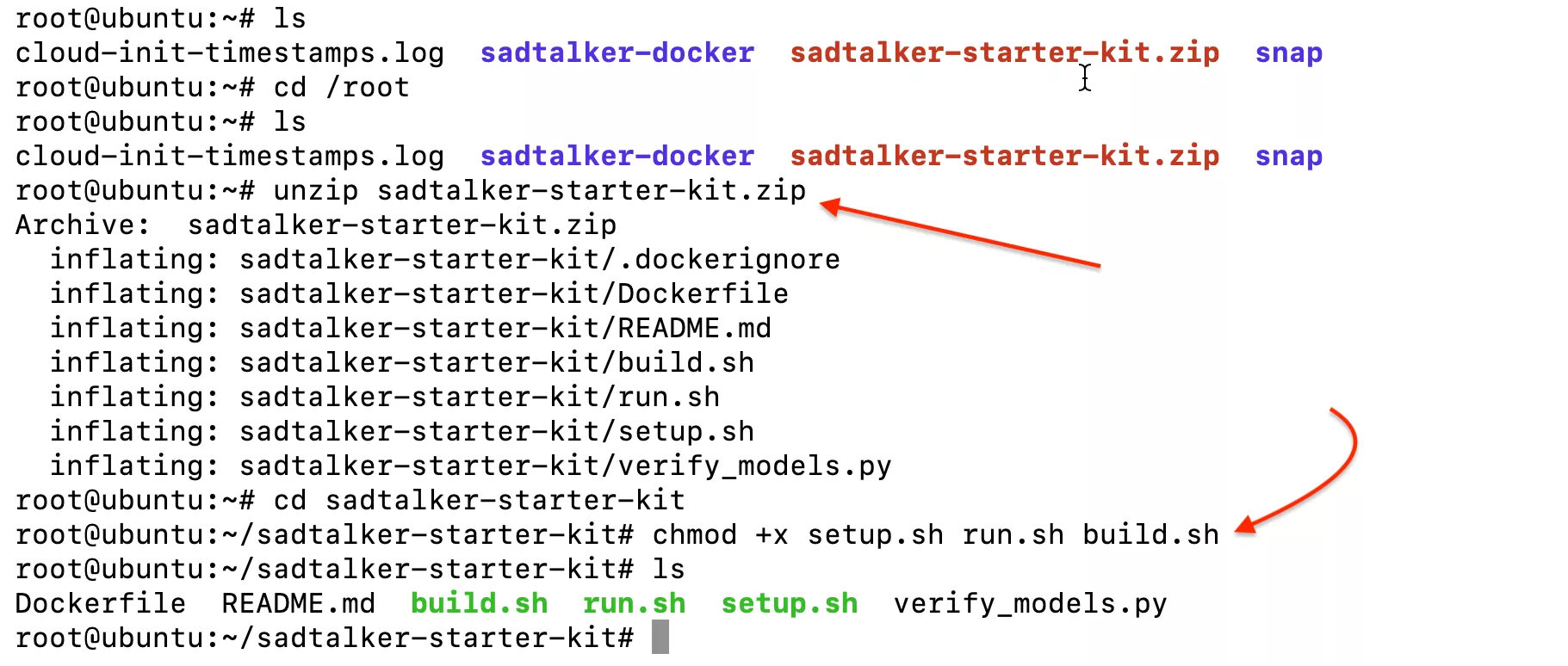 Terminal extracting the SadTalker starter ZIP, opening its folder and making the scripts executable
