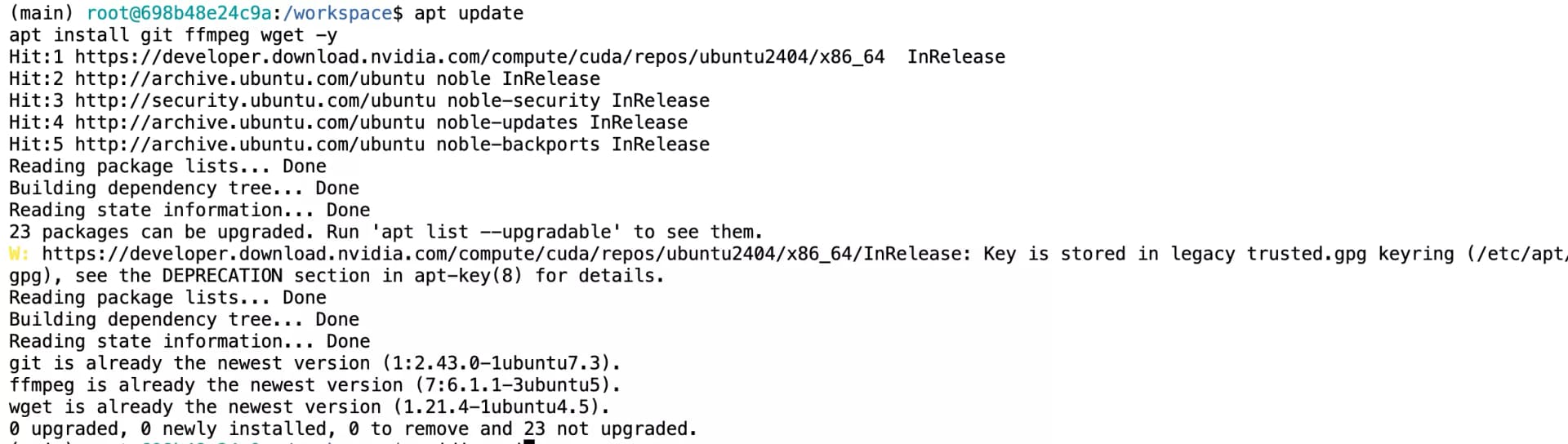 apt update and apt install git ffmpeg wget command execution on Ubuntu