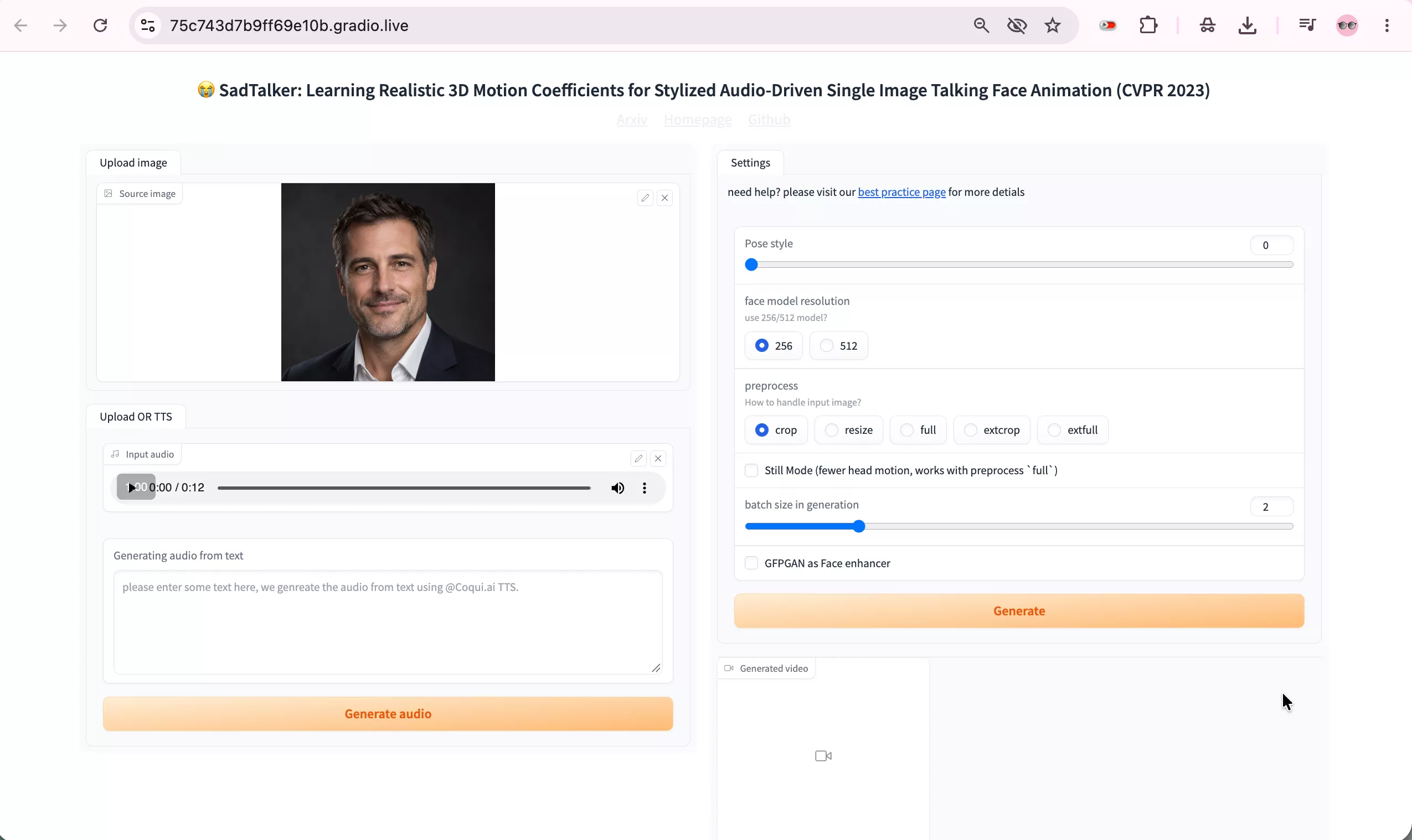 SadTalker Gradio interactive browser interface
