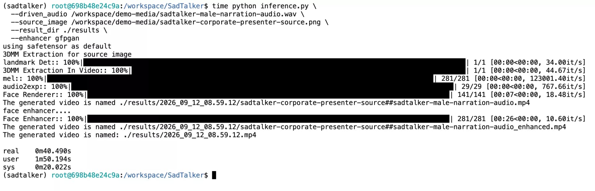 time python inference.py execution showing 40.490s benchmark on RTX 4090