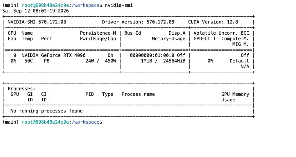 RTX 4090 nvidia-smi output confirming 24GB VRAM