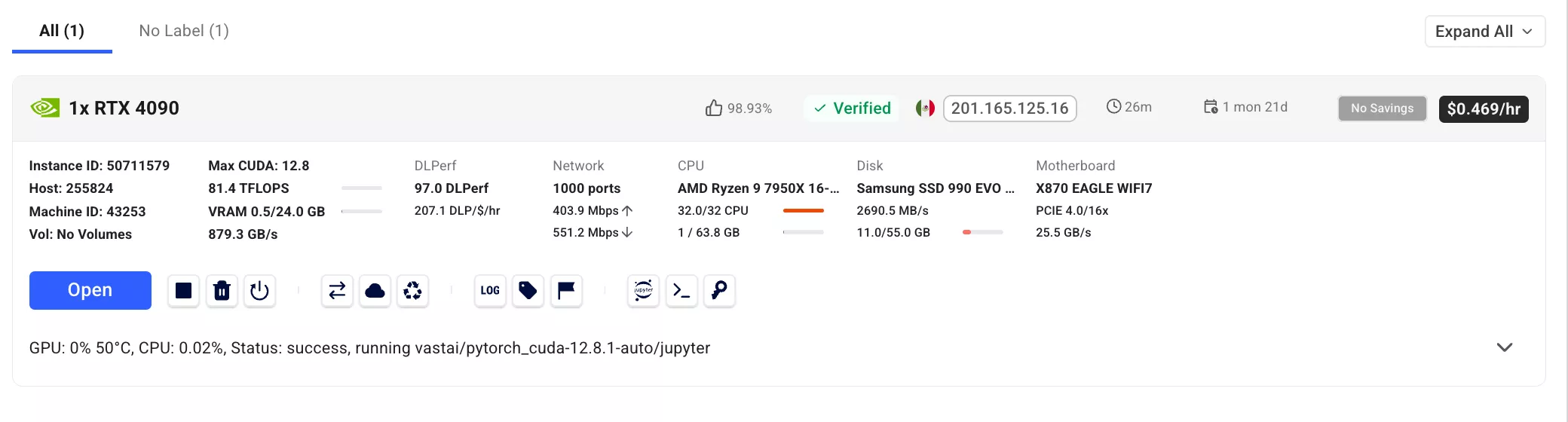 Vast.ai RTX 4090 instance dashboard details