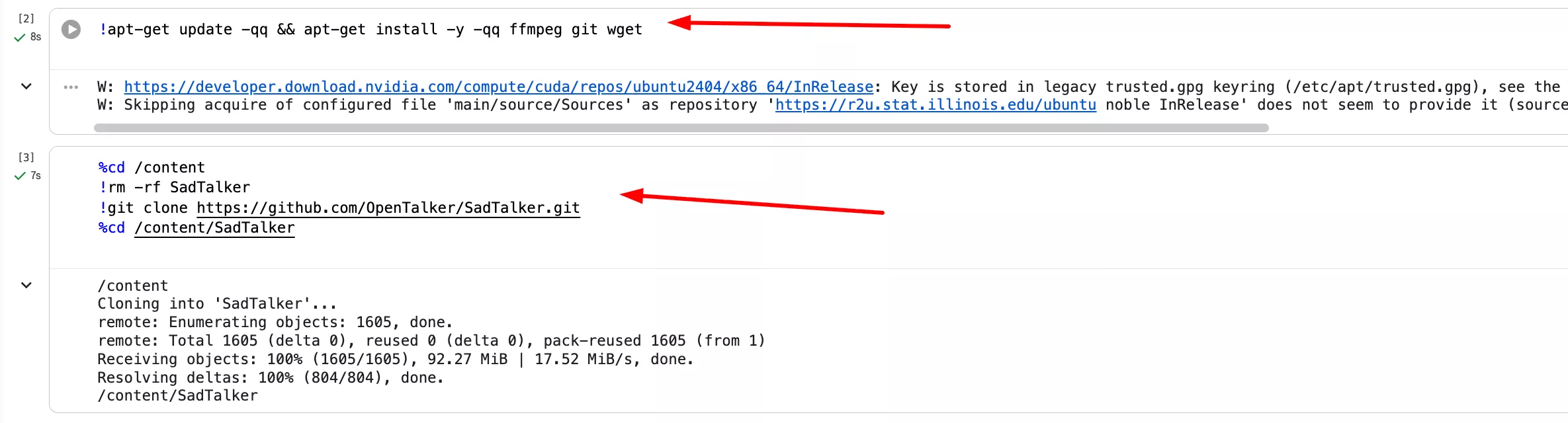 Colab execution of apt-get update and git clone of SadTalker