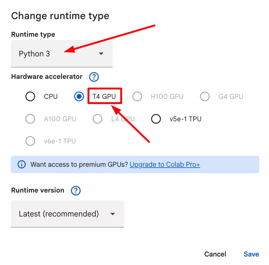 Google Colab Change Runtime Type dialog selecting T4 GPU hardware accelerator