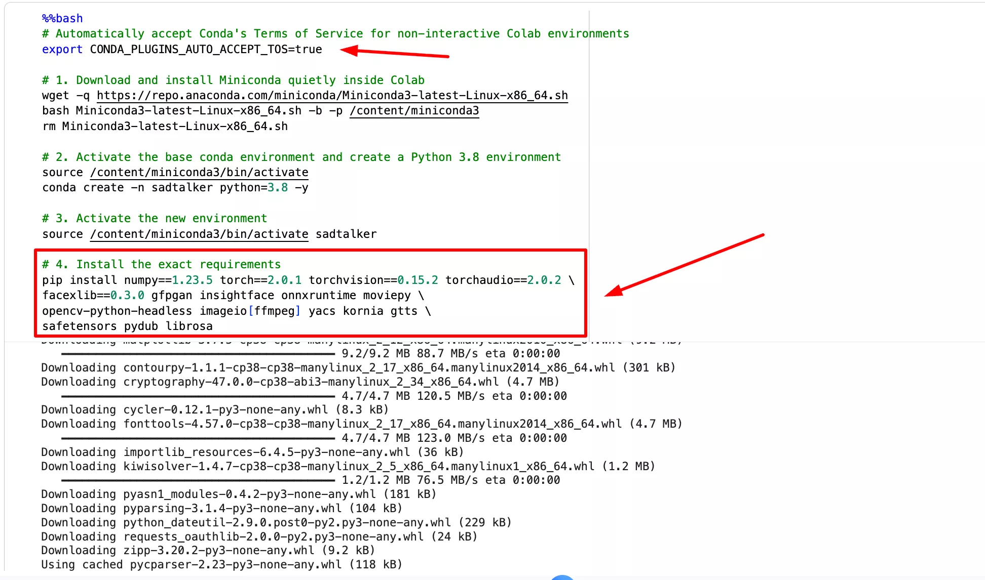 Colab execution accepting Conda terms of service and installing packages into python 3.8 sadtalker environment