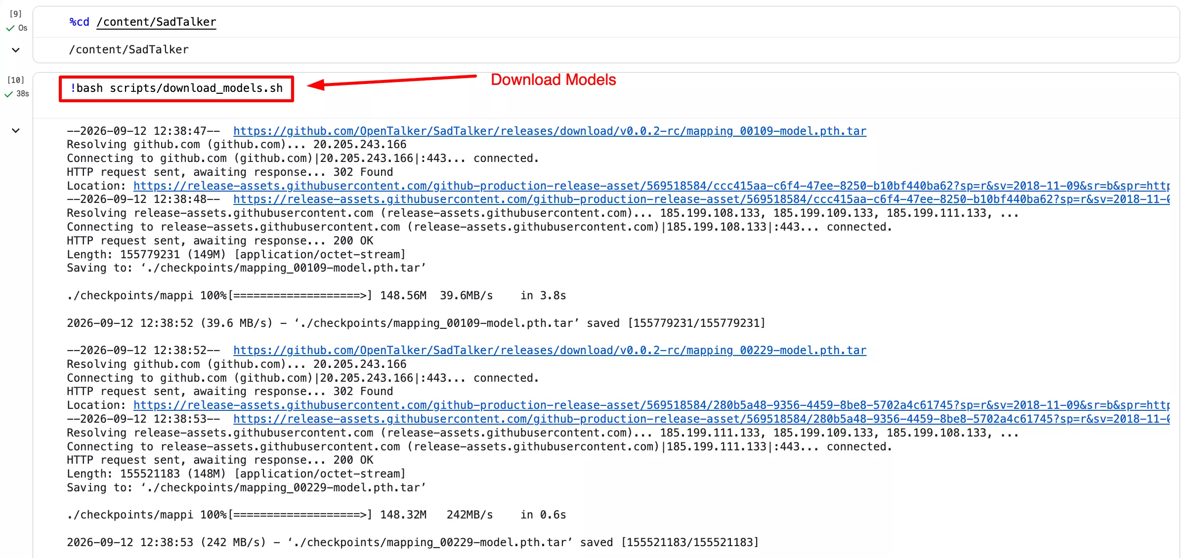 Colab execution fetching SadTalker and GFPGAN model weights