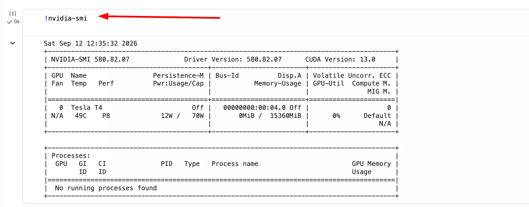 Colab cell output running nvidia-smi confirming Tesla T4 GPU with 15360 MiB VRAM