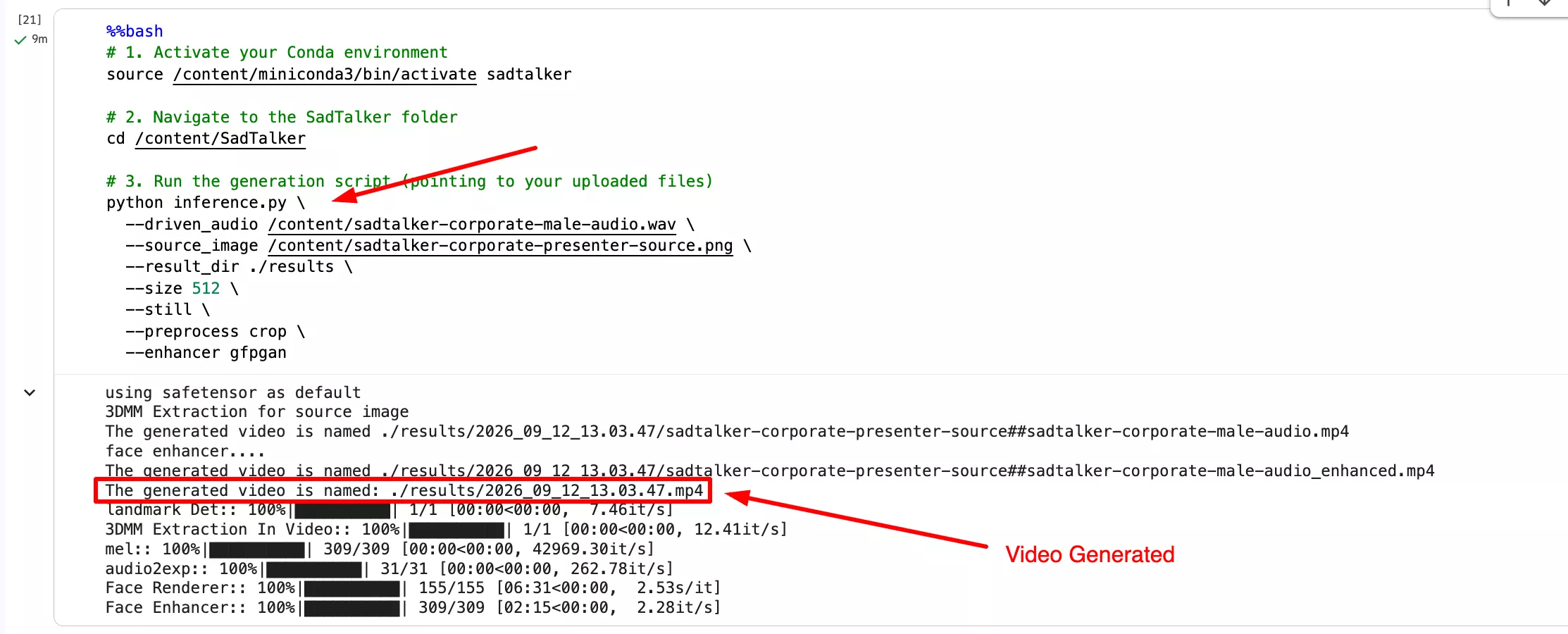 Colab execution of python inference.py showing progress bars for 3DMM, Face Renderer, and Face Enhancer