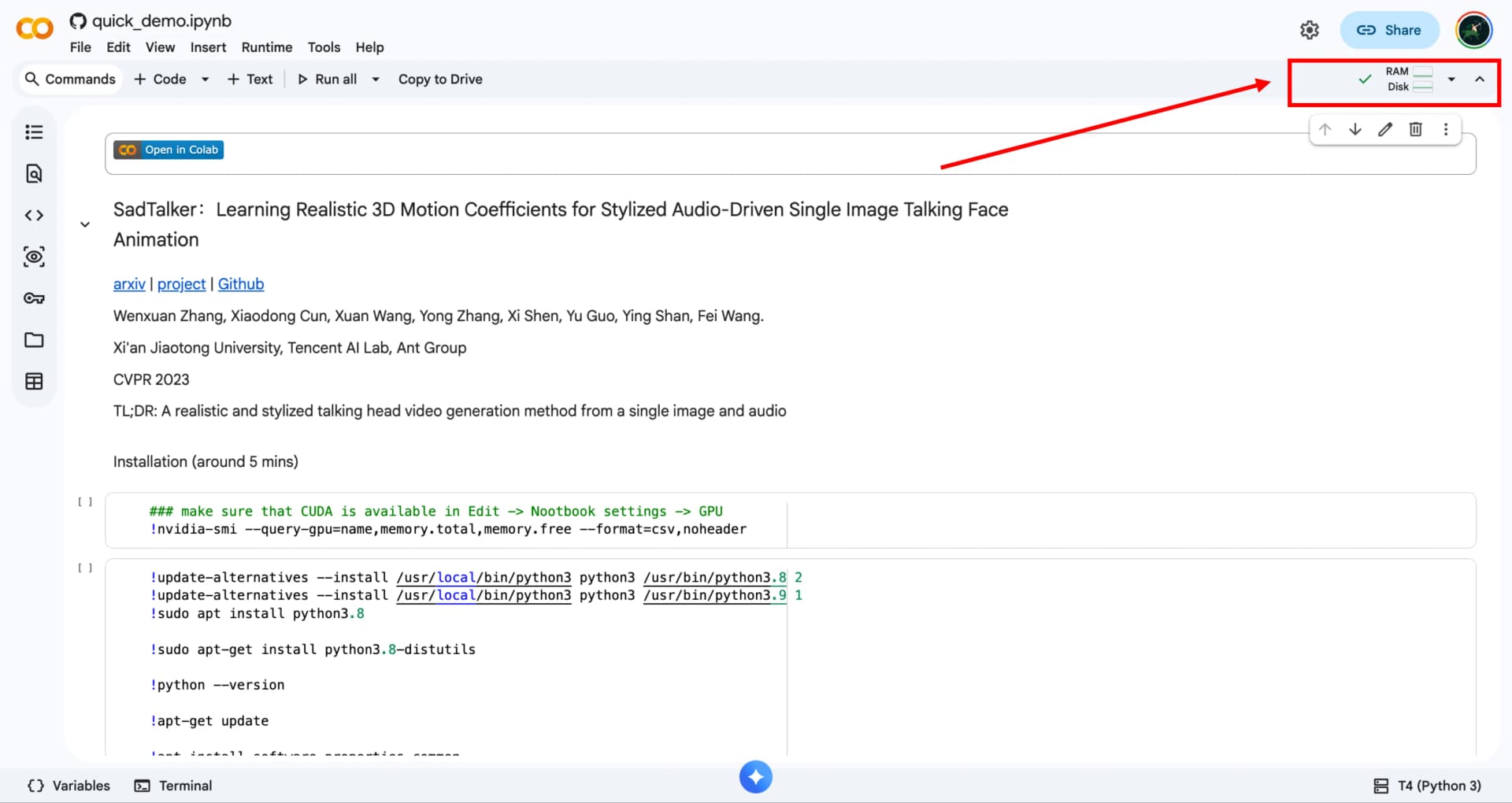 SadTalker running on Google Colab — notebook setup