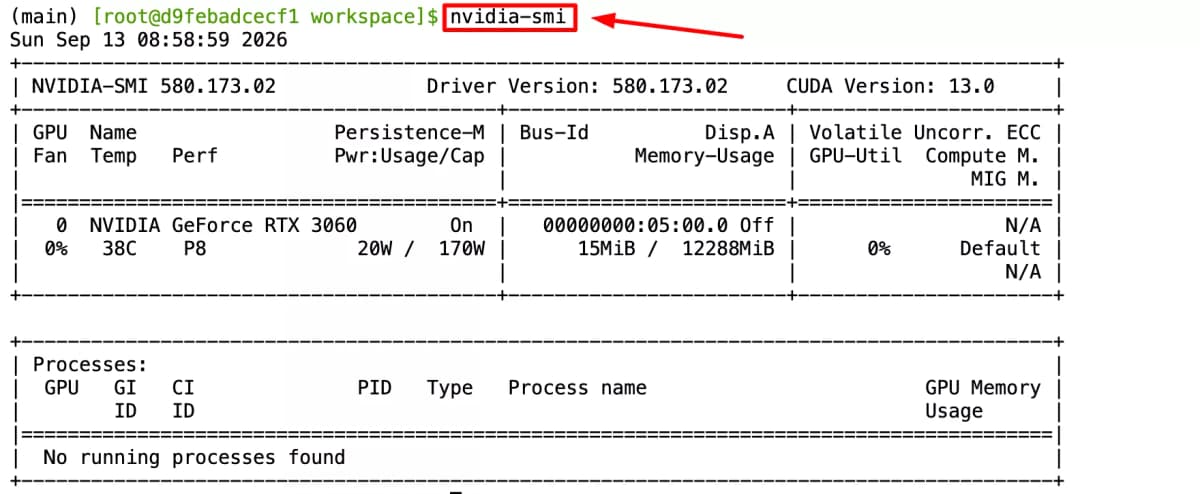 RTX 3090 nvidia-smi output confirming 24GB VRAM
