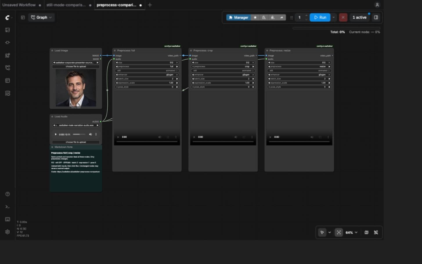 Real ComfyUI workflow showing full, crop and resize nodes sharing the same image and audio, with matching rendering settings