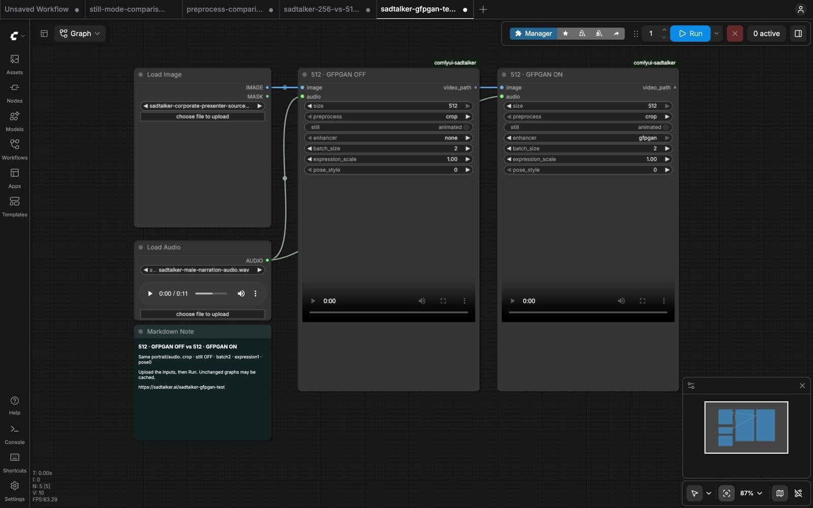 Real ComfyUI settings for SadTalker GFPGAN: enhancer ON vs OFF, with shared portrait and audio inputs