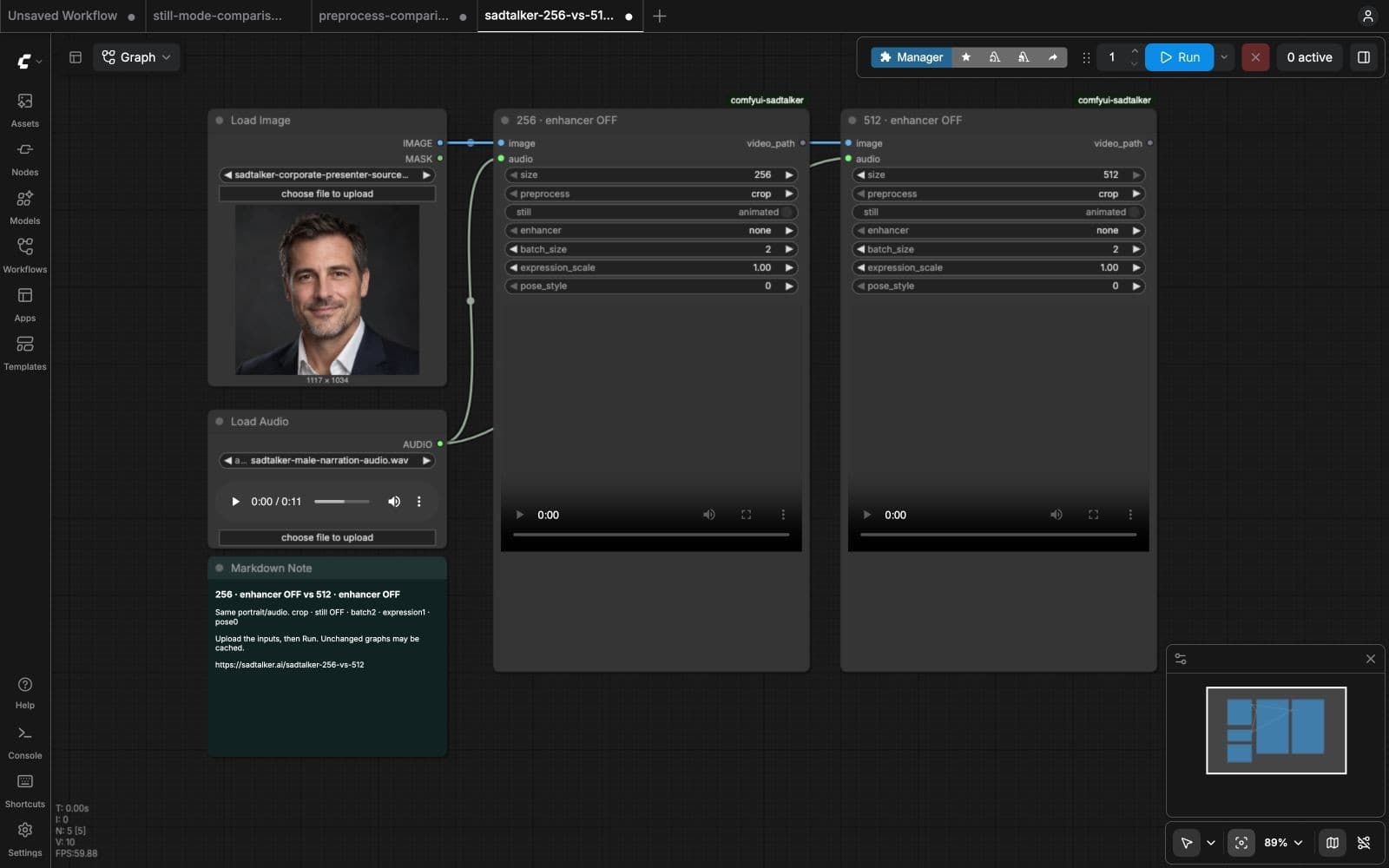 Real ComfyUI settings for SadTalker 256 vs 512: quality, time and VRAM, with shared portrait and audio inputs