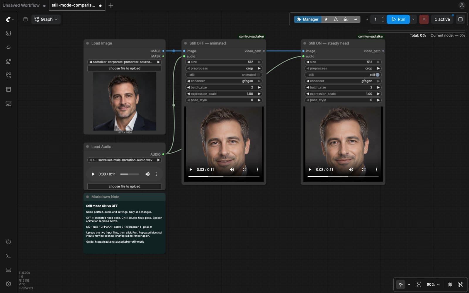 Completed still OFF and still ON renders shown in the ComfyUI nodes' inline video players