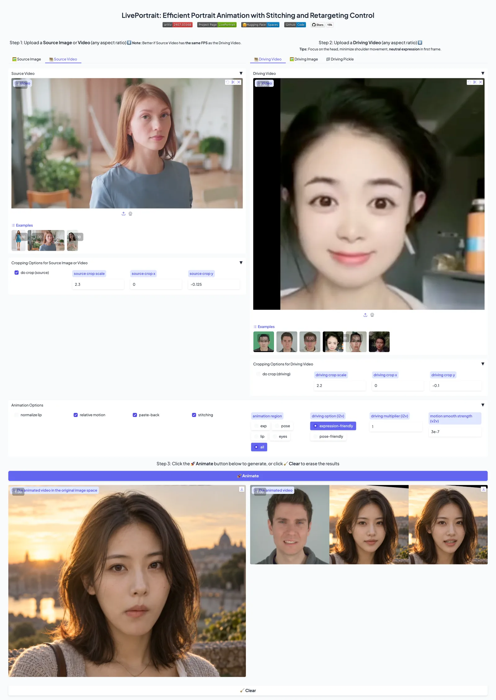 LivePortrait Gradio Live Web UI interface with driving video controls