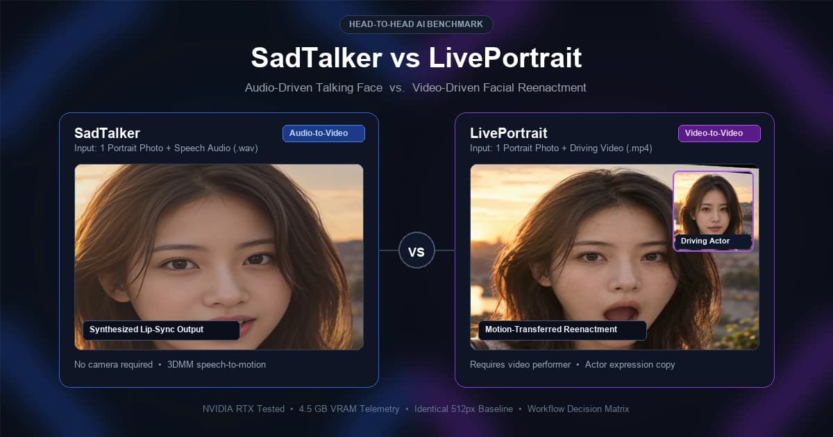 SadTalker vs LivePortrait comparison: Audio-Driven Lip Sync vs Video-Driven Facial Reenactment