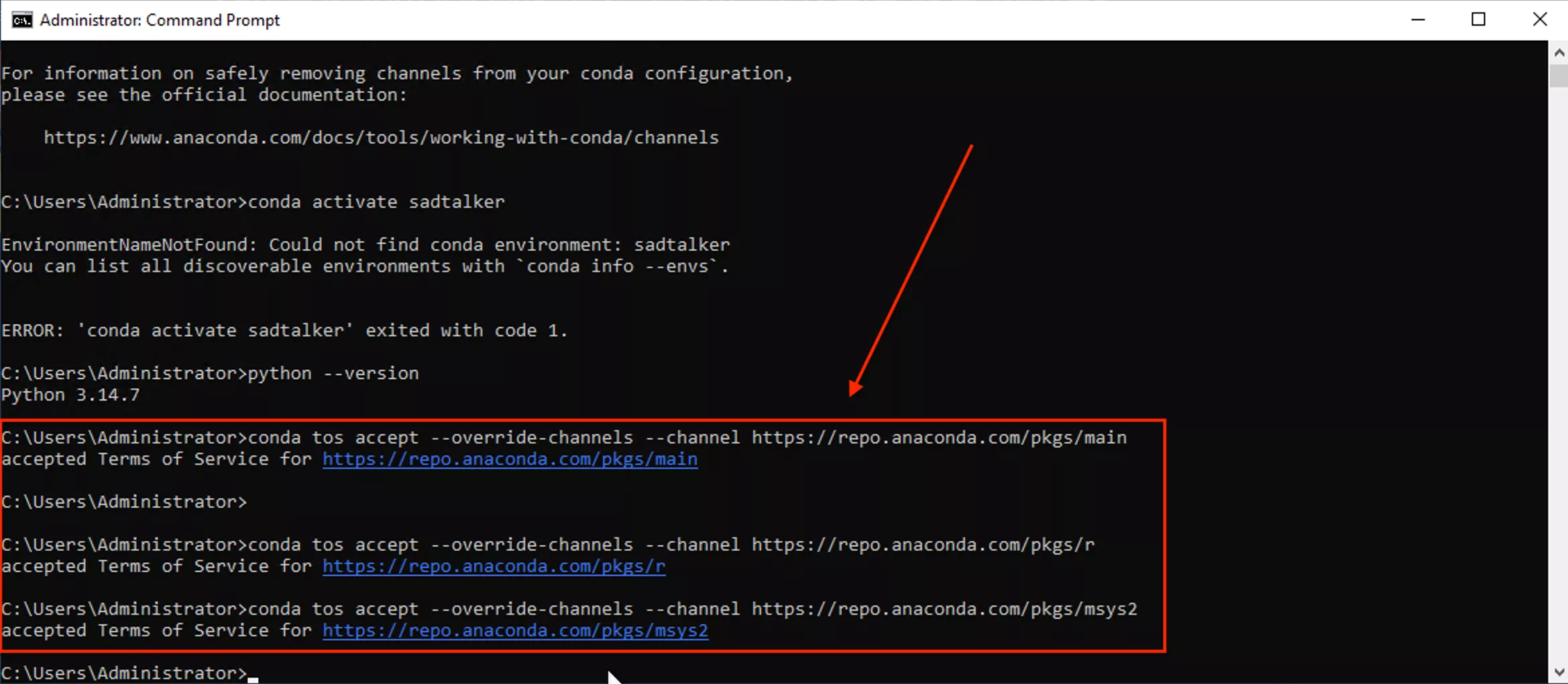 Accepting Conda Terms of Service prompt
