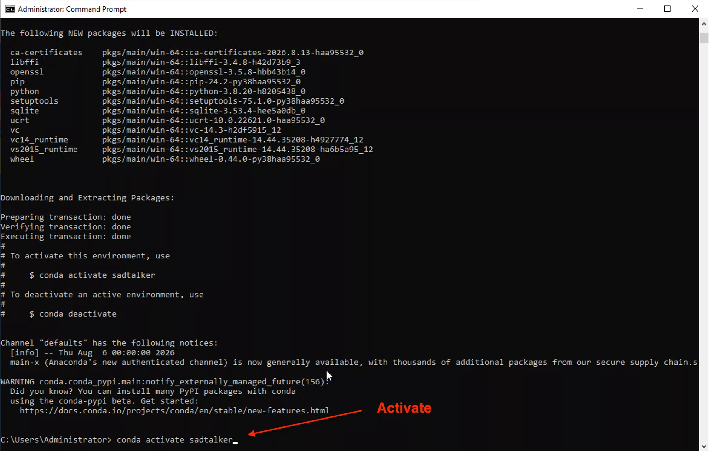 conda create -n sadtalker python=3.8 output in terminal