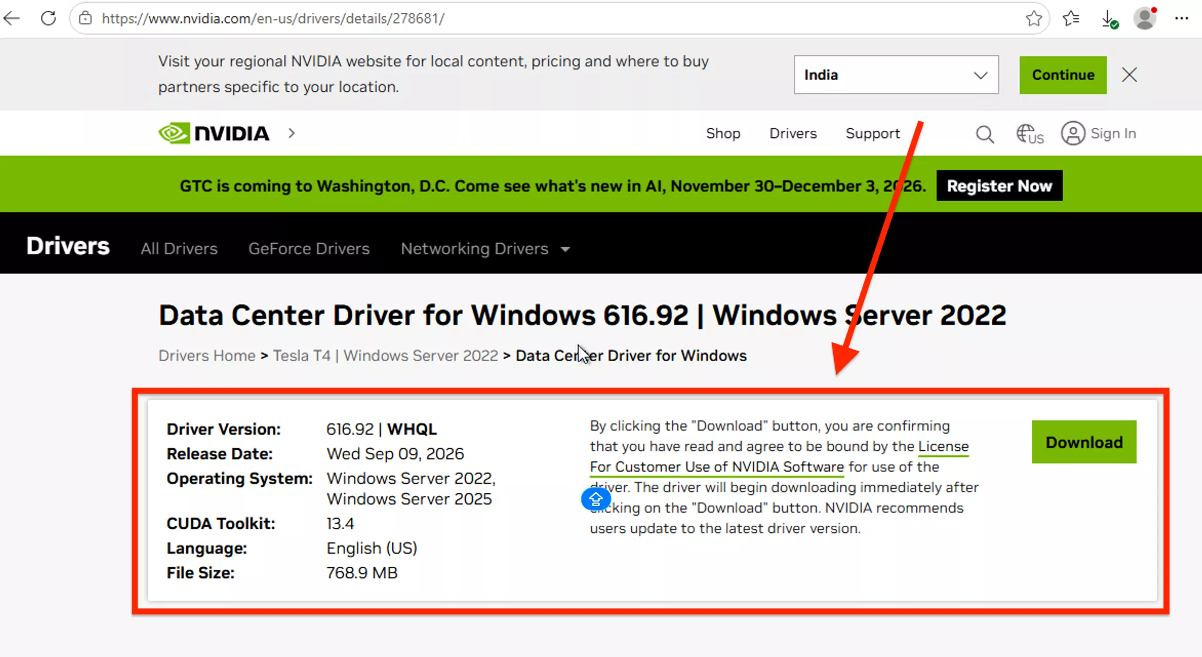 NVIDIA Driver page showing Data Center Tesla T4 configuration on Windows
