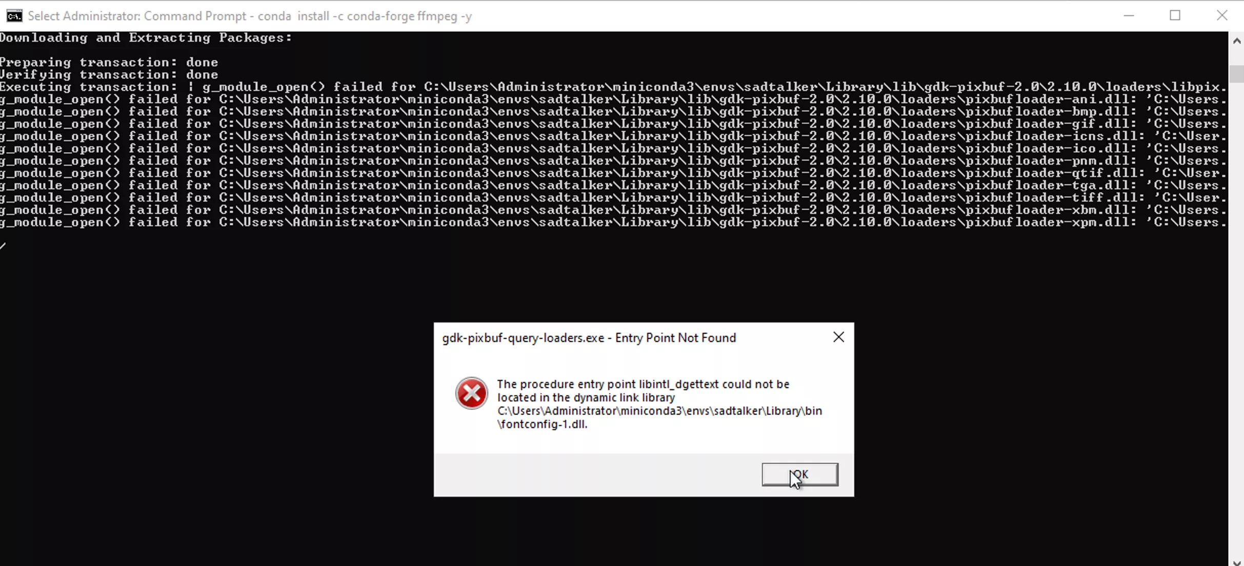 Windows DLL error popup showing libfontconfig-1.dll and libintl_dgettext entry point failure with Conda FFmpeg