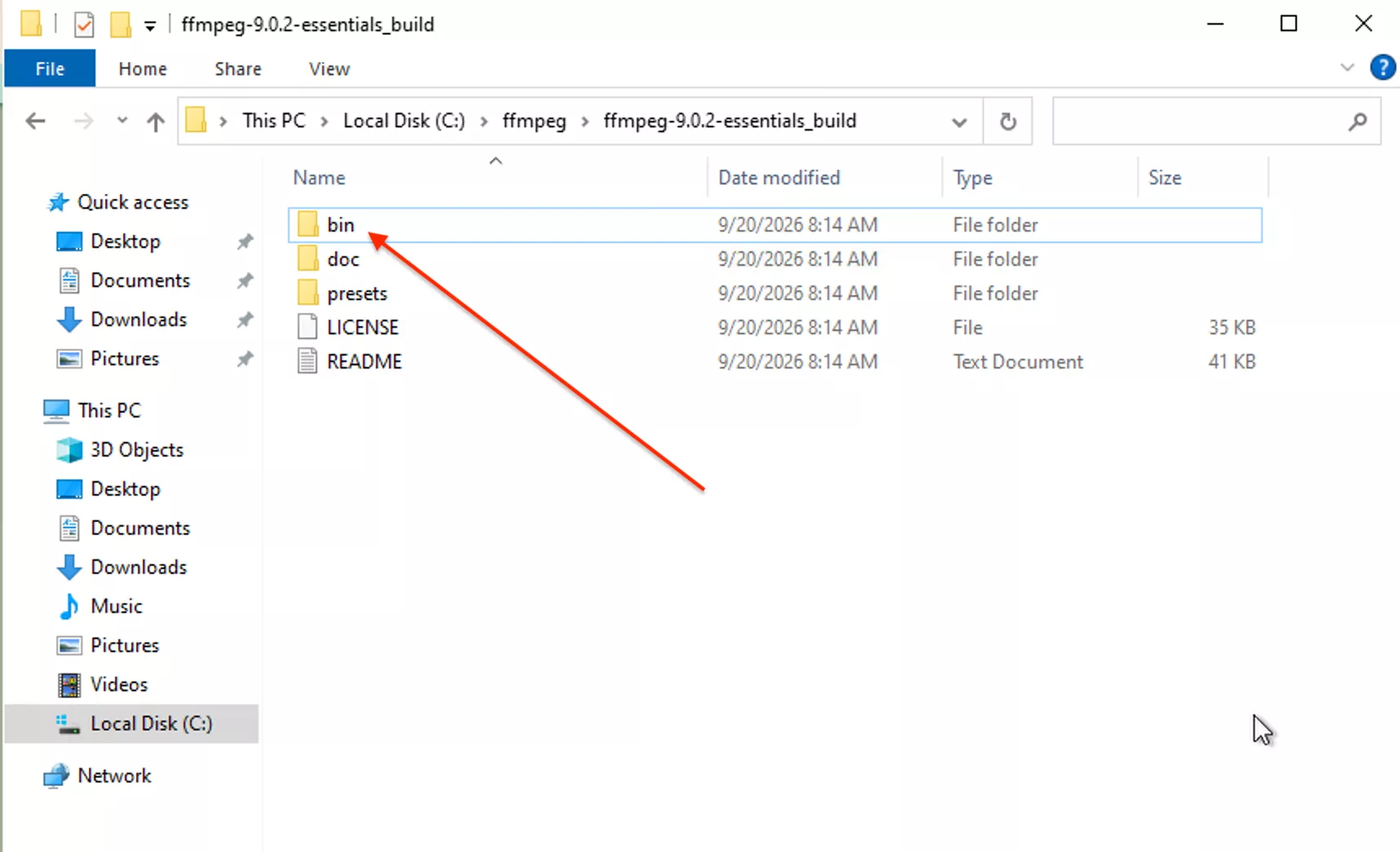 Extracted C:\ffmpeg bin folder showing ffmpeg.exe, ffplay.exe, ffprobe.exe