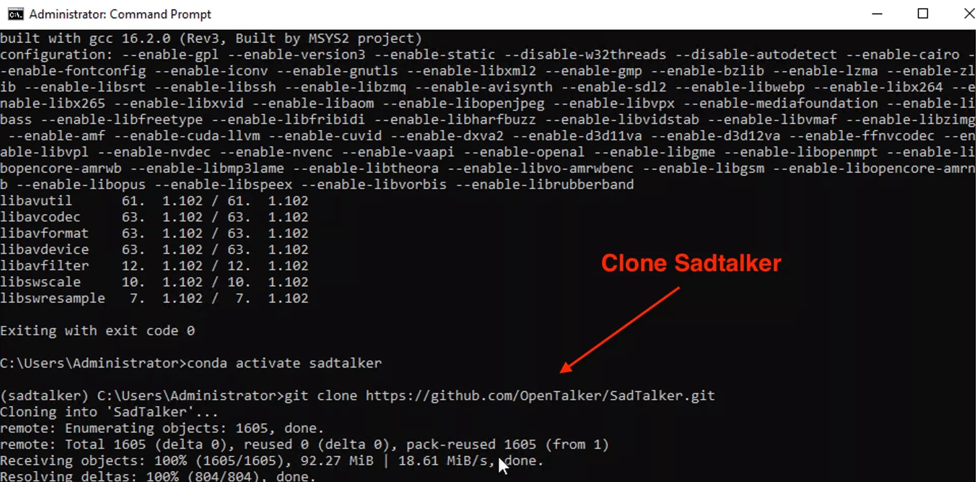 git clone https://github.com/OpenTalker/SadTalker.git running in Windows Command Prompt