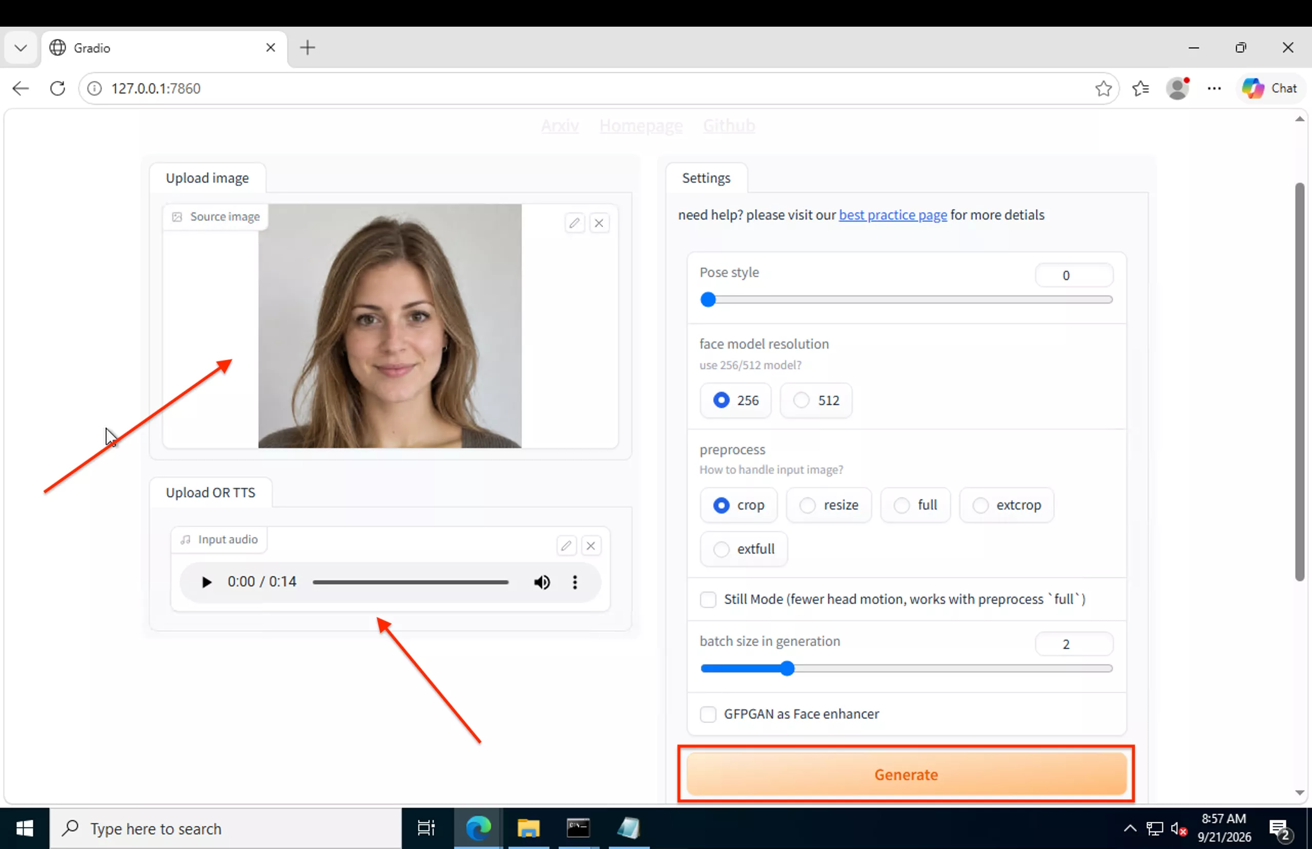 SadTalker Gradio Web UI running locally on Windows OS at http://127.0.0.1:7860