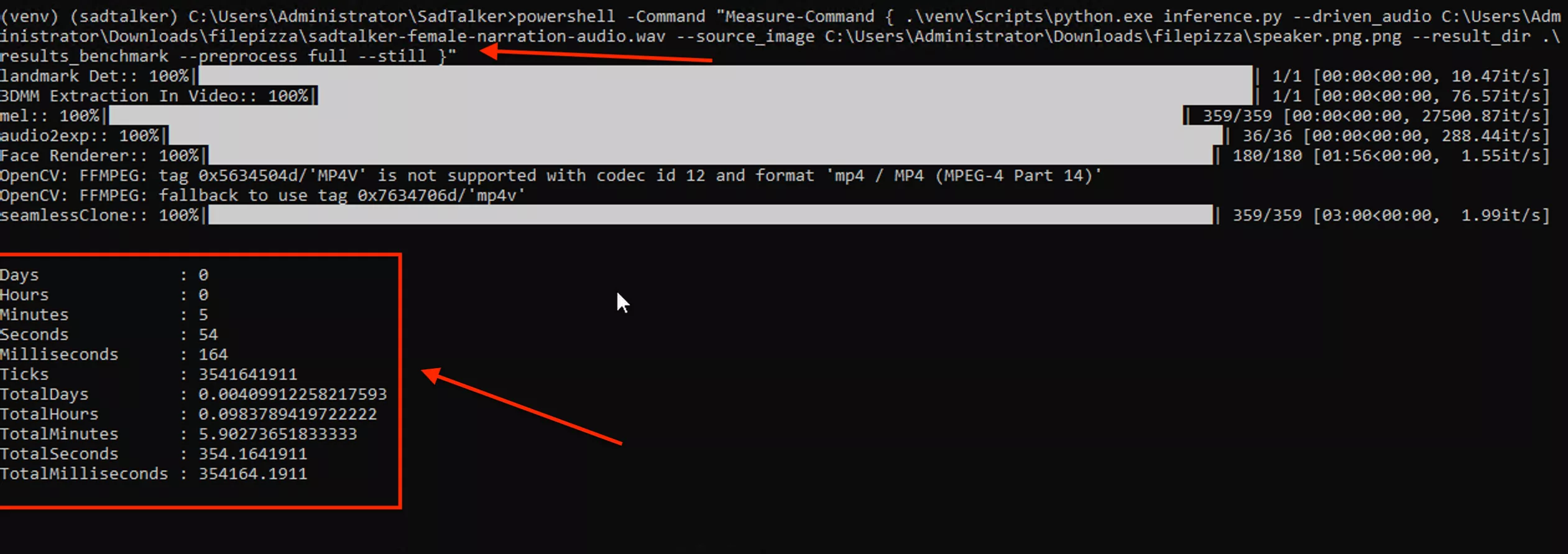 PowerShell Measure-Command execution output on Windows showing stage progress and 5m 54s execution time