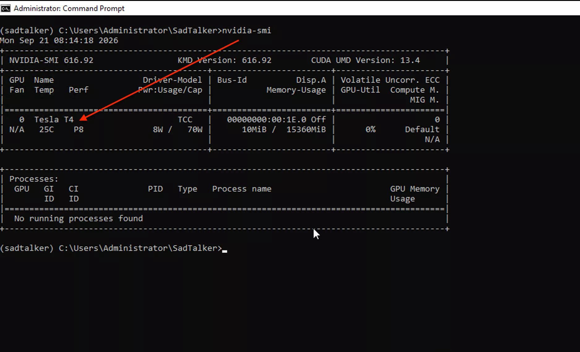 nvidia-smi command showing Tesla T4 16GB, Driver 538.15, CUDA 12.2 on Windows