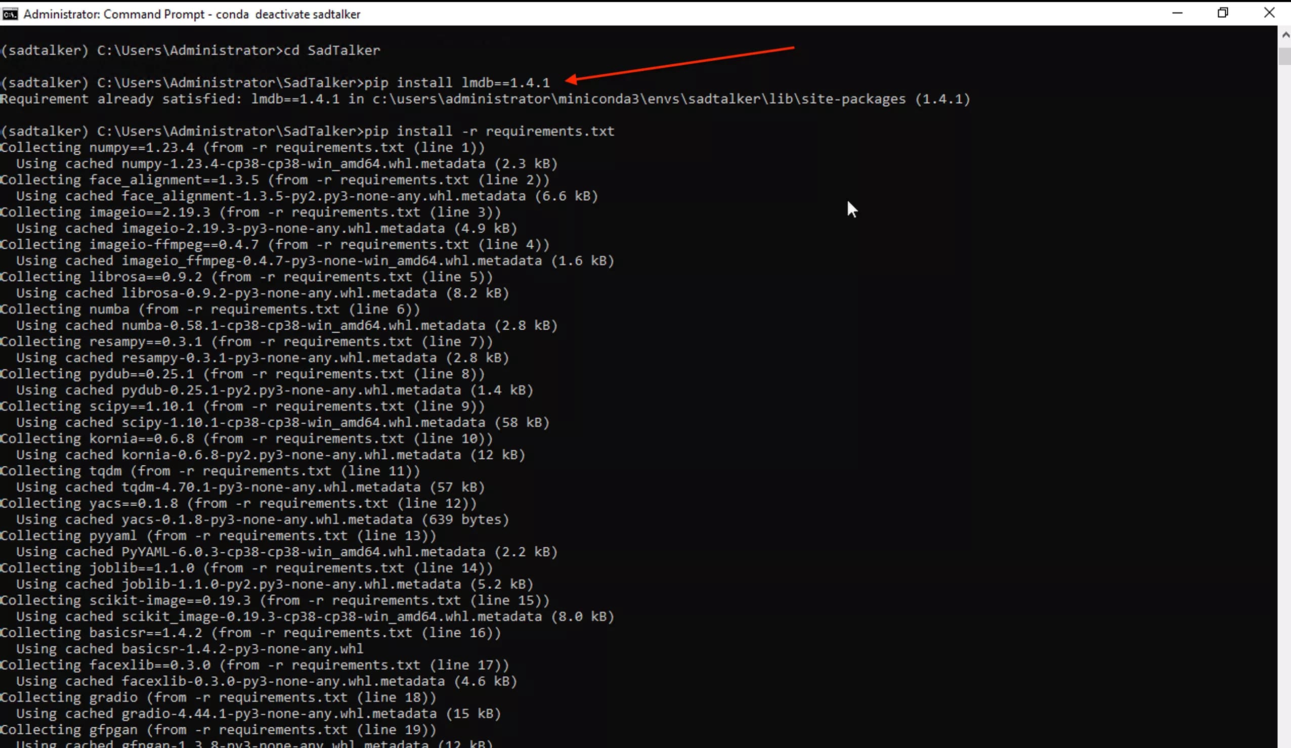 pip install lmdb==1.4.1 command output showing pre-built wheel installation