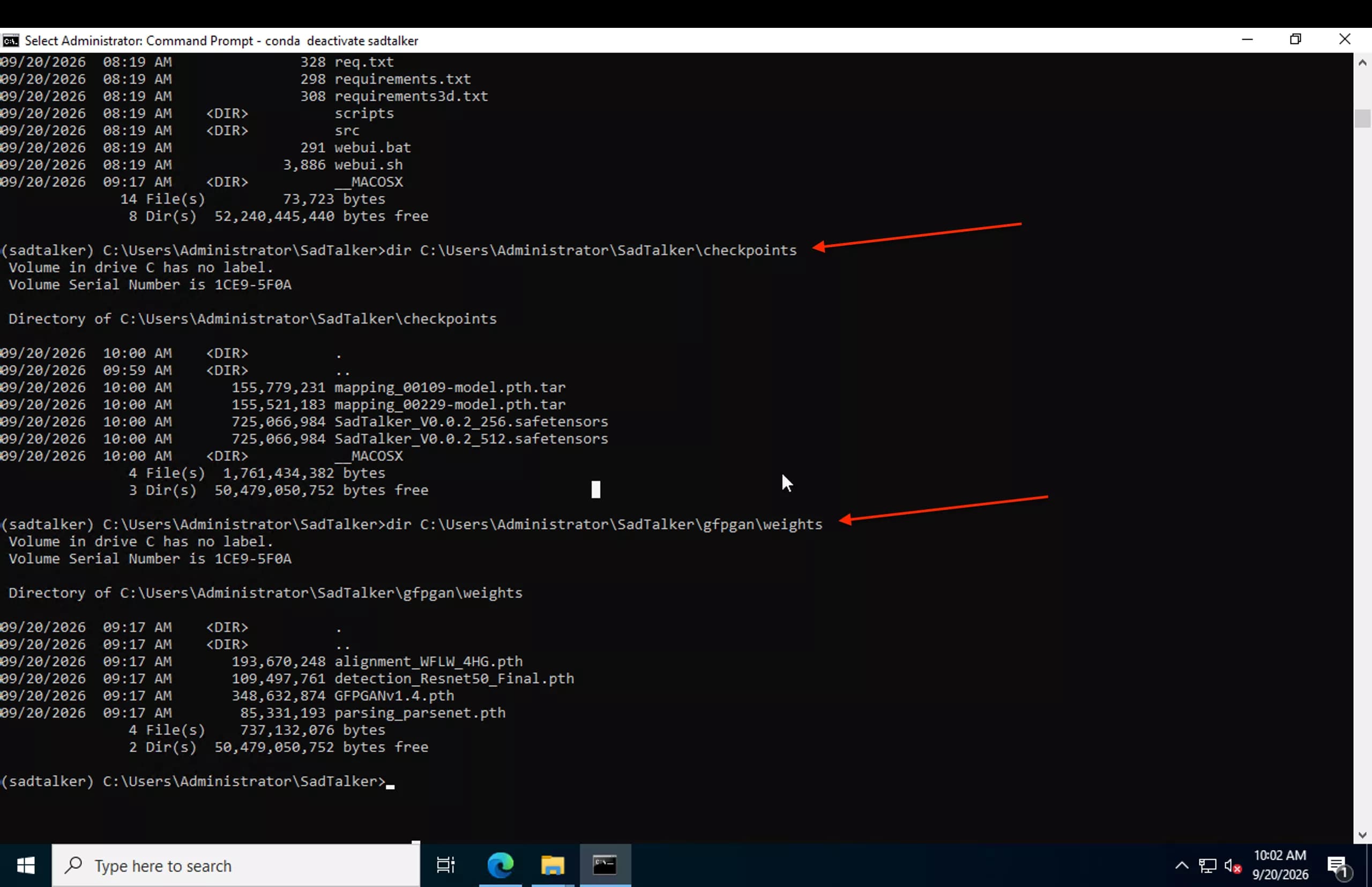 Windows terminal listing four SadTalker checkpoint files and four files under gfpgan weights