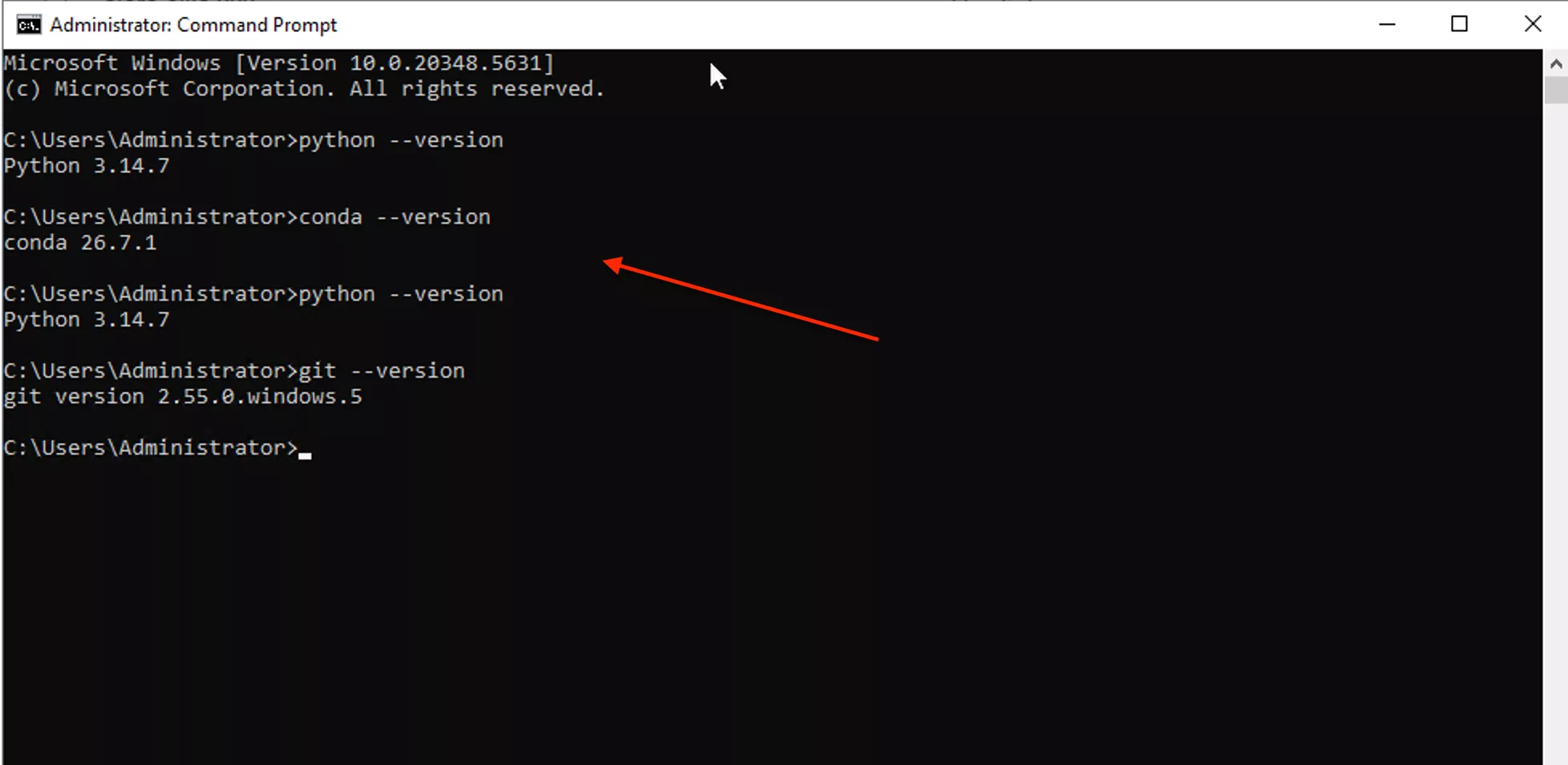 Verifying python 3.8.20, conda 24.11.3, and git 2.47.1 versions in terminal