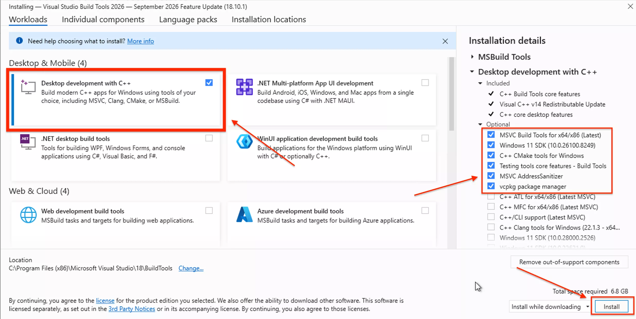 Visual Studio Build Tools options showing Desktop development with C++ selected