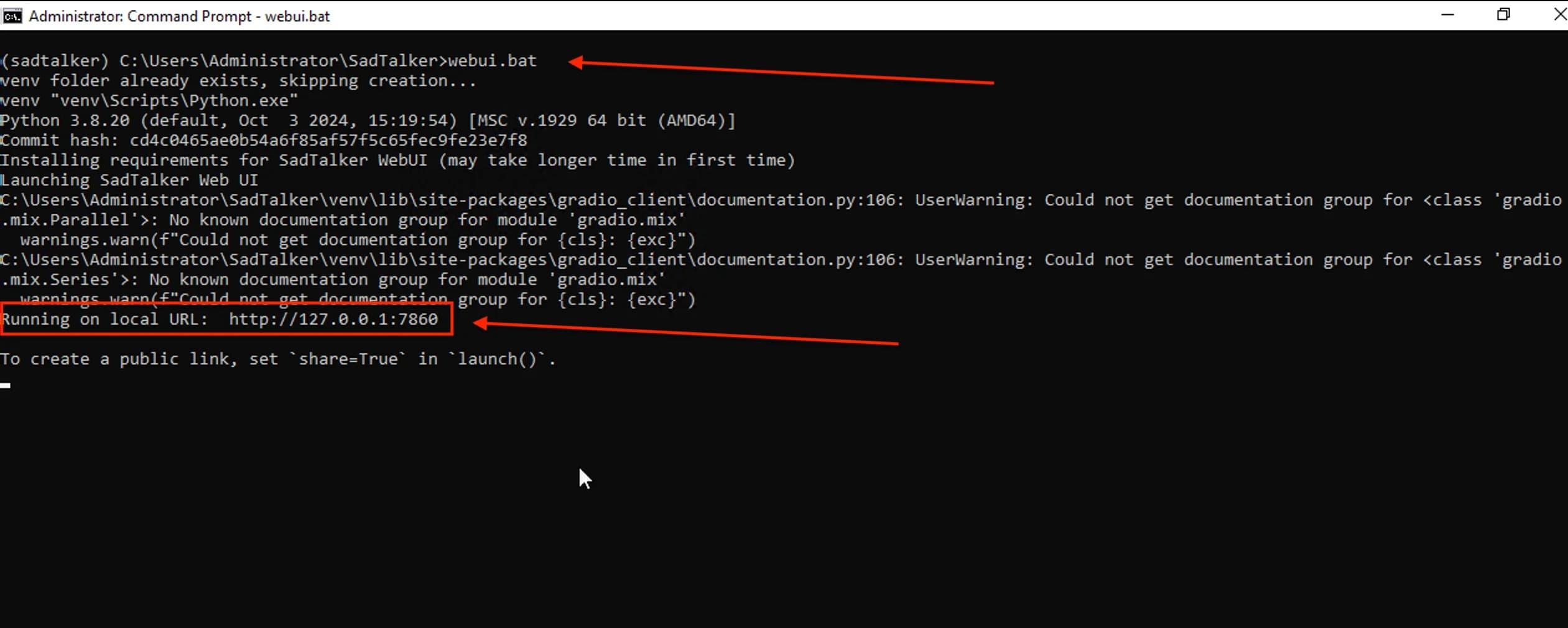 webui.bat execution in Windows Command Prompt showing local server launch on http://127.0.0.1:7860